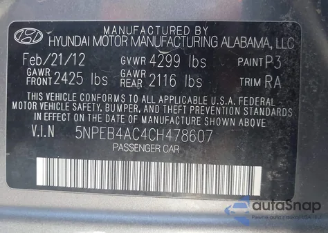 2012 Hyundai Sonata Gls из США, поврежденный, VIN 5NPEB4AC4CH478607